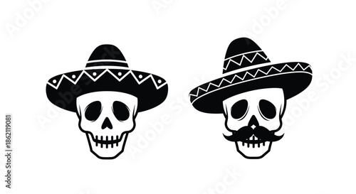 Two stylized black skull silhouettes wearing traditional mexican sombreros for day of the dead or halloween.