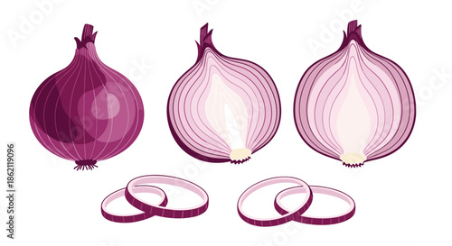 Detailed illustration of red onions shown as a whole bulb cut in half and sliced into thin rings on a white base.