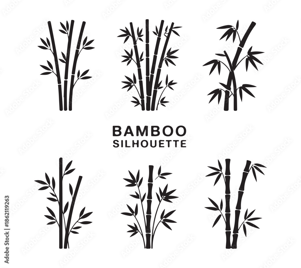 Fototapeta premium Six varied black bamboo plant graphics organized in two horizontal rows for artwork