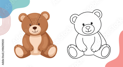 Cute brown teddy bear toy sitting down shown in a fully colored version and a black and white line art version for coloring book.