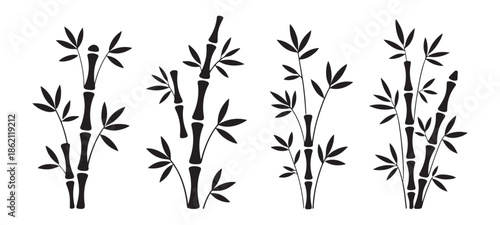 Black silhouette set of four bamboo plant clusters isolated on white background vector