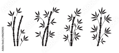 Four different bamboo plant groupings dark monochrome silhouettes arranged side by side