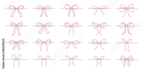 Set of Minimalist Red Ribbon Bows and Decorative Line Borders. Delicate Hand Drawn Knots for Wedding Invitations and Holiday Present Wrapping.