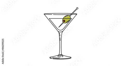 Elegant line drawing of a classic martini cocktail glass with a single green olive on a toothpick garnish on a white background.