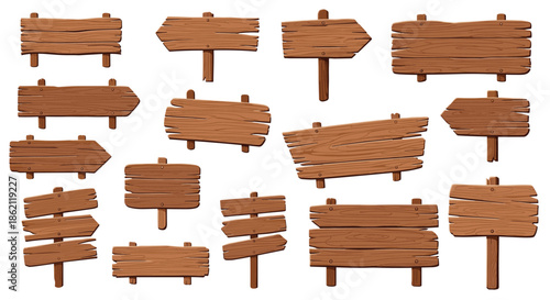 Extensive collection of various rustic wooden signs, planks, and direction boards in different shapes and sizes for versatile design.