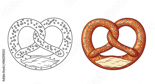 Salted soft pretzel snack shown in a detailed colored version and a black and white line art version for creative design projects.
