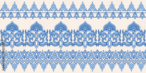 Vector border seamless pattern of oriental blue scrolls on a light beige background