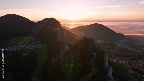 Aerial view of Vrsatec hill in Slovakia - Sunset