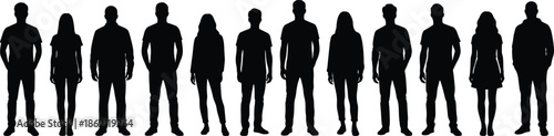 Group of diverse people silhouettes standing in row, men and women figures isolated on white background social diversity concept