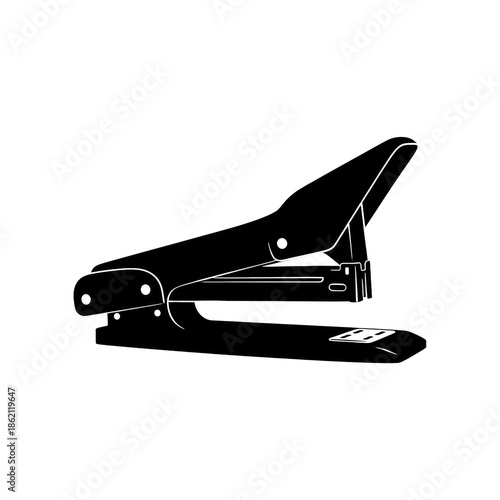 Stark black silhouette of a heavy-duty office stapler with a raised hinged arm and internal structure visible, vector illustration isolated on transparent background. Essential office iconography