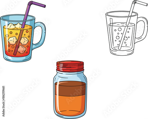 iced tea mug illustration, refreshing summer drink with straw and ice cubes, mason jar beverage, colorful vector isolated on white