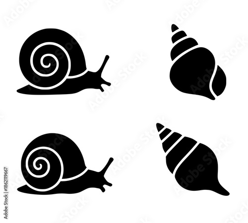 4 snail illustration icons, silhouette, transparent background