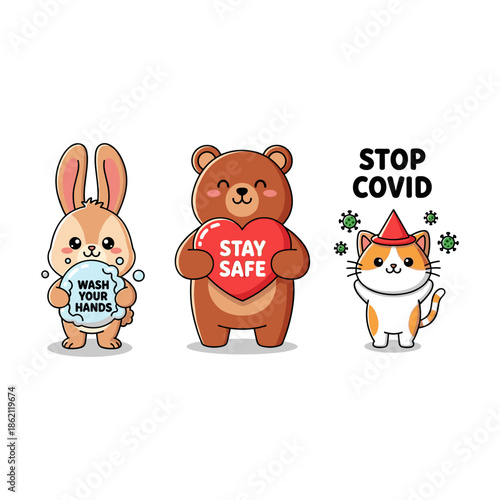 Cartoon animals promoting covid-19 safety Vector