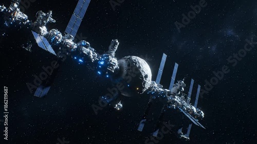 Space station in orbit against the dark background