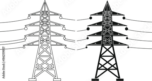 high voltage power transmission tower, electricity pylon illustration, energy infrastructure symbol, black and white vector silhouette isolated on white