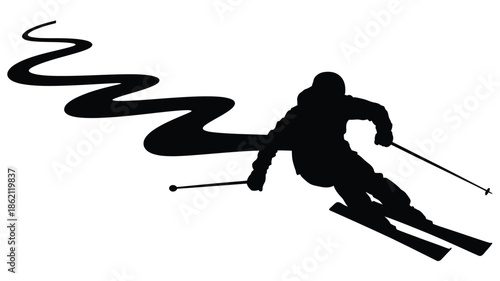 Silhouette of a skier in motion dynamic downhill skiing action depicted