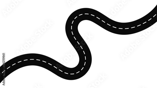 A winding black road with dashed white lane markings on a white background