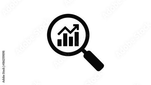Magnifying glass inspecting a graph with upward trending bars
