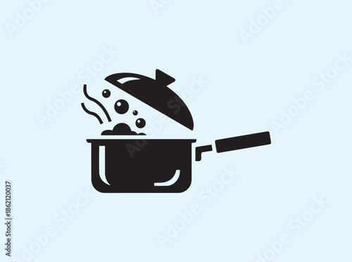 Solid black saucepan silhouette with lid in dynamic cooking style
