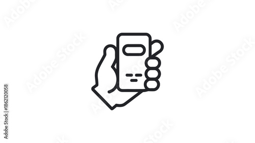 A simple line drawing of a hand holding a smartphone or mobile device