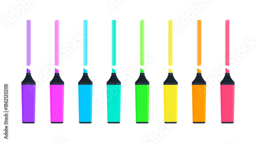 Set of highlighter marker pens with flat tips, caps and strokes in pink, orange, yellow, green, teal, blue, and purple. School, office supplies. Flat vector illustration isolated on white background