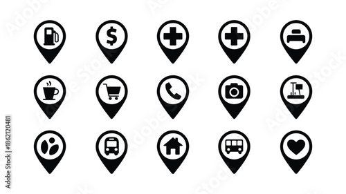 Collection of black map pointer icons representing various location services