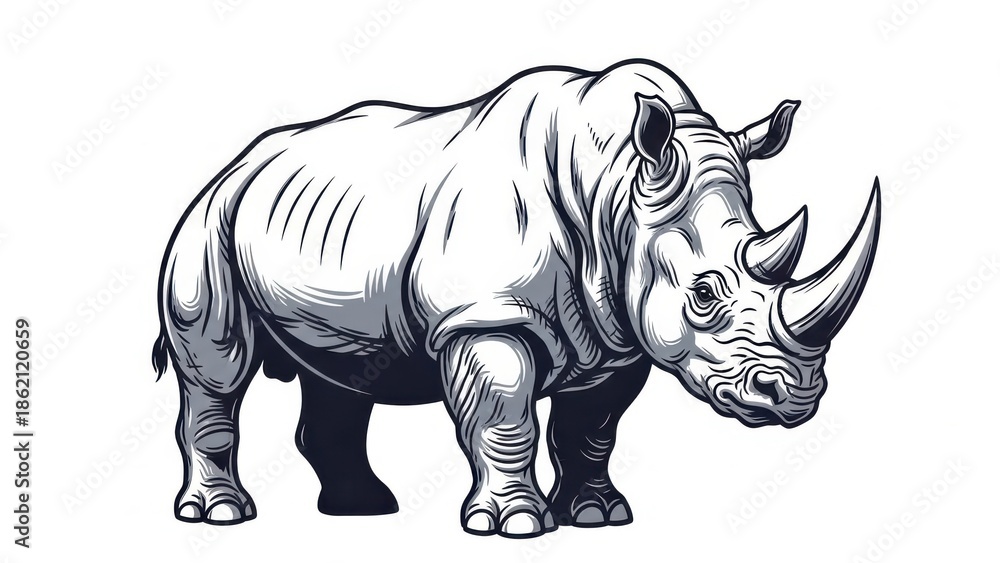 Fototapeta premium Detailed illustration of a rhinoceros on a white background.