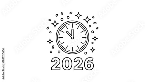 A black and white clock face illustration with the year 2026 below it