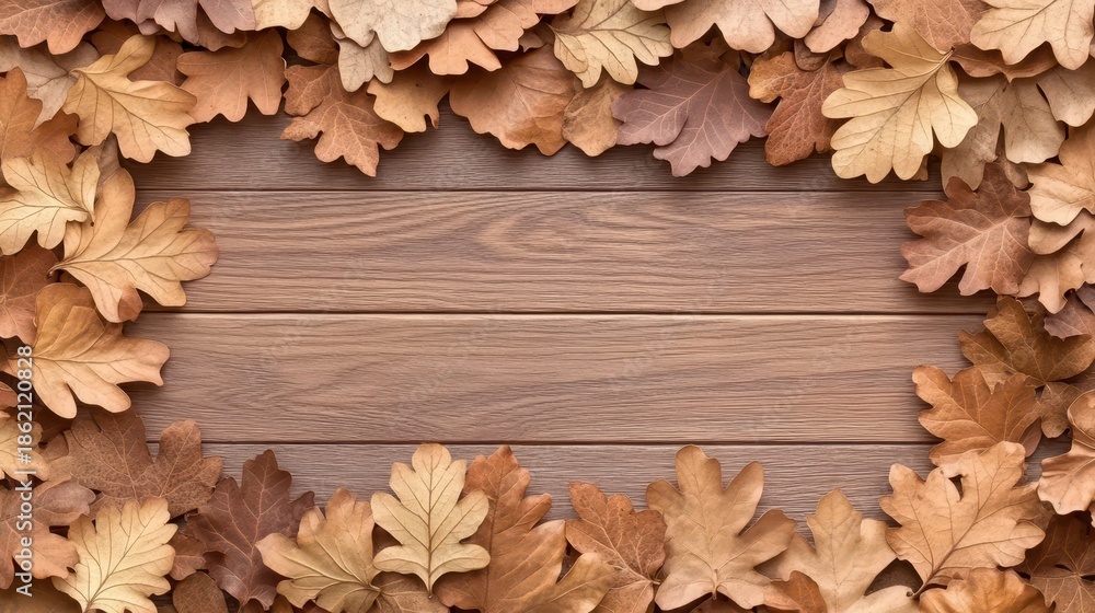 Fototapeta premium Autumnal Embrace: A harmonious blend of autumnal elements, with warm-toned leaves arranged around a wooden surface. Evoking the cozy ambiance of fall season.
