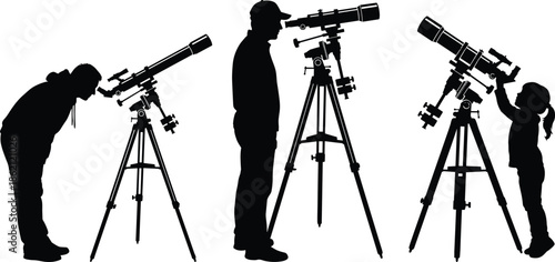 Astronomy observer silhouettes using telescope on tripod, stargazing science education concept with adult and child isolated on white background vector illustration