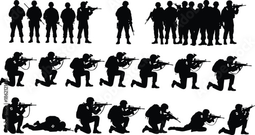 Military soldier silhouette set with rifles, tactical poses, combat team action, special forces training illustration isolated white background vector design