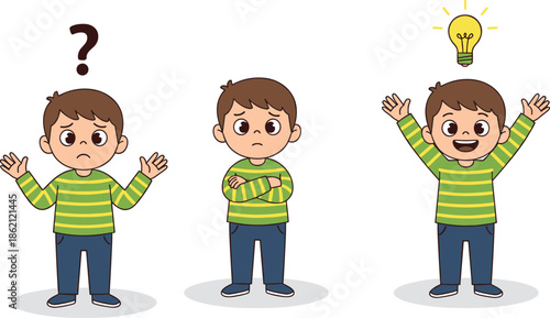 Cute cartoon boy expressions showing confusion thinking and bright idea isolated on white background representing problem solving learning concept illustration