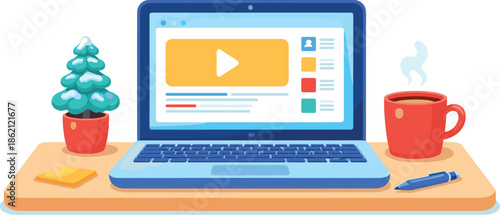 Laptop with steaming coffee and potted winter plant on desk