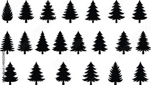 Evergreen pine tree silhouettes collection isolated on white background displaying forest nature icons minimal woodland graphic design illustration set