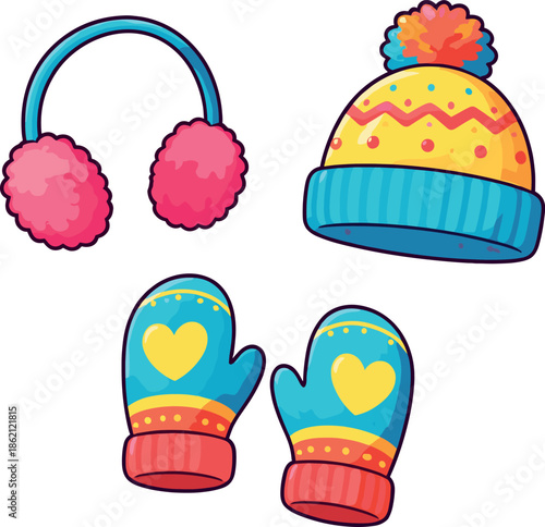 Cute winter hat, earmuffs and mittens set in vibrant colors