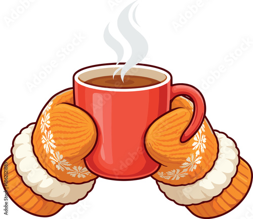 Hands in cozy mittens holding a steaming mug of hot cocoa