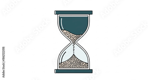 Minimalist hourglass icon design with blue accents and sand grains.