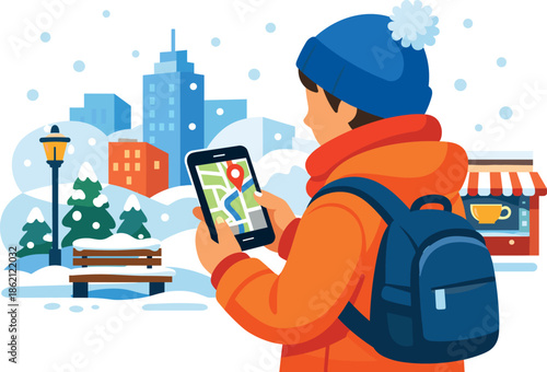 Person using map app on phone in snowy city park