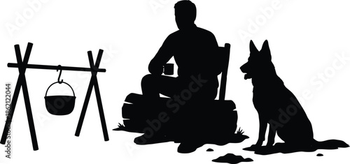 Man camping silhouette with dog and campfire cooking pot, outdoor survival lifestyle scene isolated on white background illustration