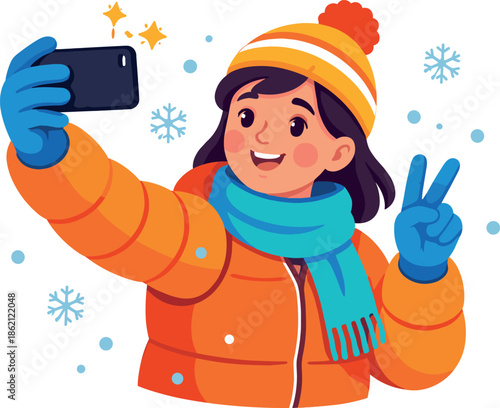 Girl in winter clothing taking a selfie with a smartphone