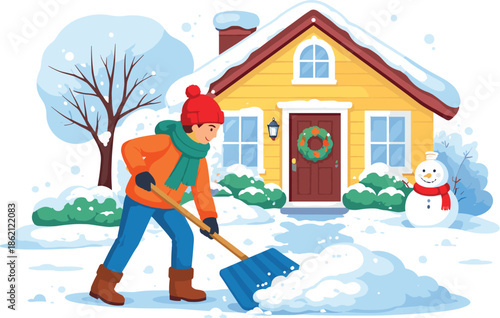Person shoveling snow near a house with a snowman during winter