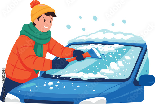 Man scraping ice and snow from car windshield in winter