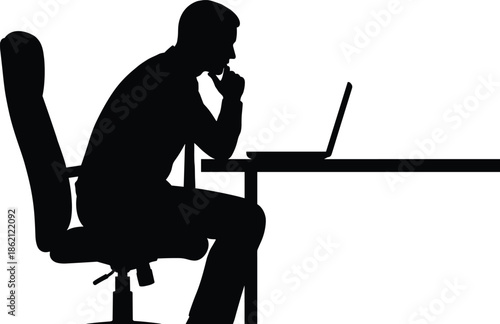 Man silhouette thinking while working on laptop at desk, focused concentration, problem solving, remote work, technology, modern office lifestyle illustration