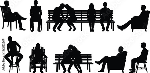 People sitting silhouettes on chairs and benches, men and women social interaction, waiting, loneliness and relationship concept isolated on white background illustration