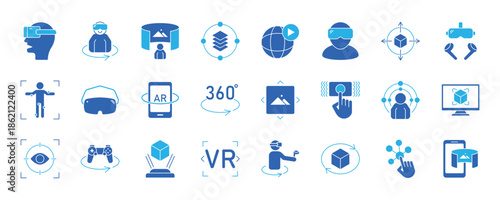 Virtual reality icon set. Containing VR, augmented reality, headset, immersive, mixed reality, AR, 360 degree, VR gaming and more. Solid vector icons collection. eps 10