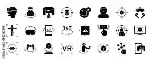 Virtual reality icon set. Containing VR, augmented reality, headset, immersive, mixed reality, AR, 360 degree, VR gaming and more. Solid vector icons collection. eps 10