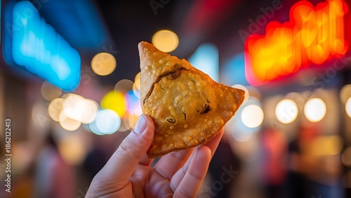 A hand holding a crispy samosa in front of a vibrant city street at night