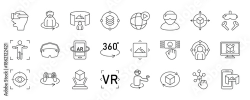 Virtual reality icon set. Containing VR, augmented reality, headset, immersive, mixed reality, AR, 360 degree, VR gaming and more. Solid vector icons collection. eps 10