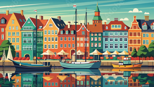 Very beautiful panoramic view of Copenhagen city skyline at Nyhavn port, Denmark, combining colorful facades, boats, and calm water, representing classic Scandinavian charm and urban harmony.