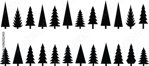 Pine tree silhouettes collection isolated on white background showing forest nature icons evergreen woodland minimal design illustration set